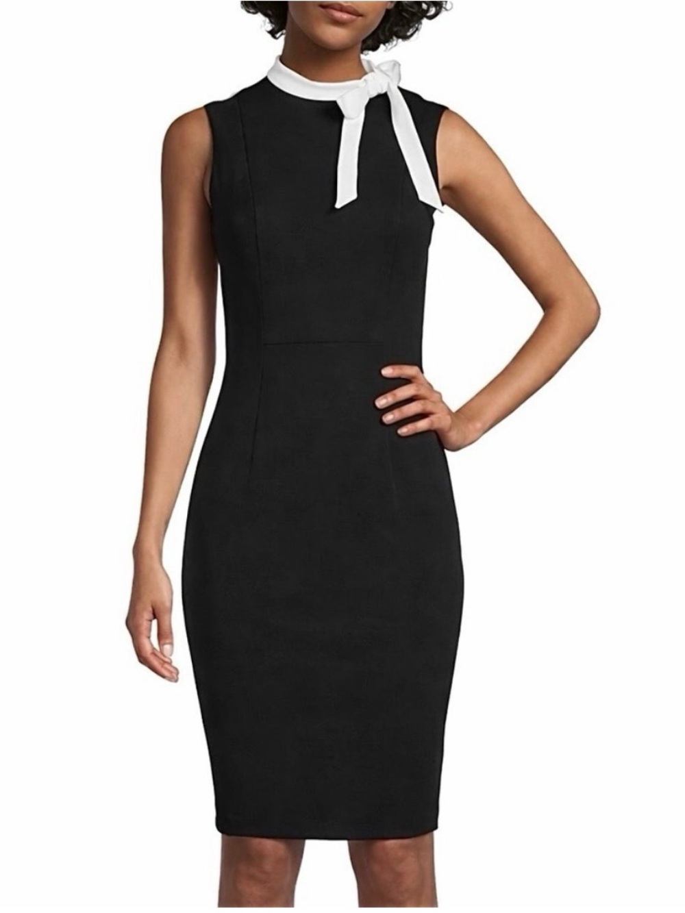 Calvin Klein Black Midi Sheath Dress with White Tie Neck